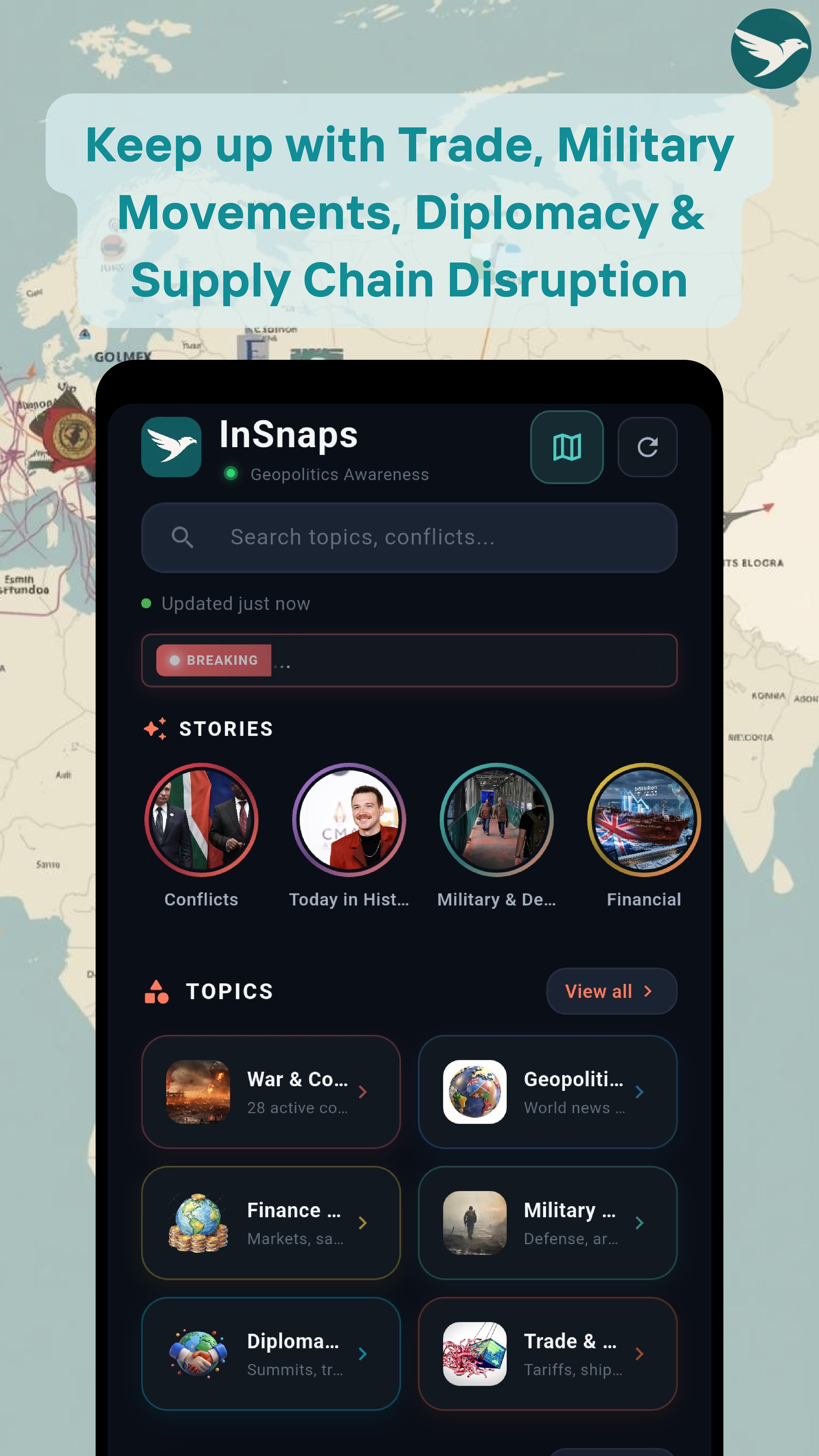 InSnaps geopolitics app - Explore screen showing conflicts, military, diplomacy topics and interactive stories